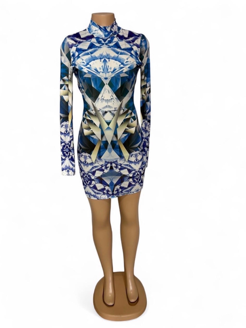 Arden B Blue Geometric Long-Sleeve Bodycon Dress